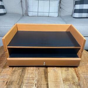 LEVENGER Morgan Tan Leather Desk Paper Letter Organizer Holder & Drawer